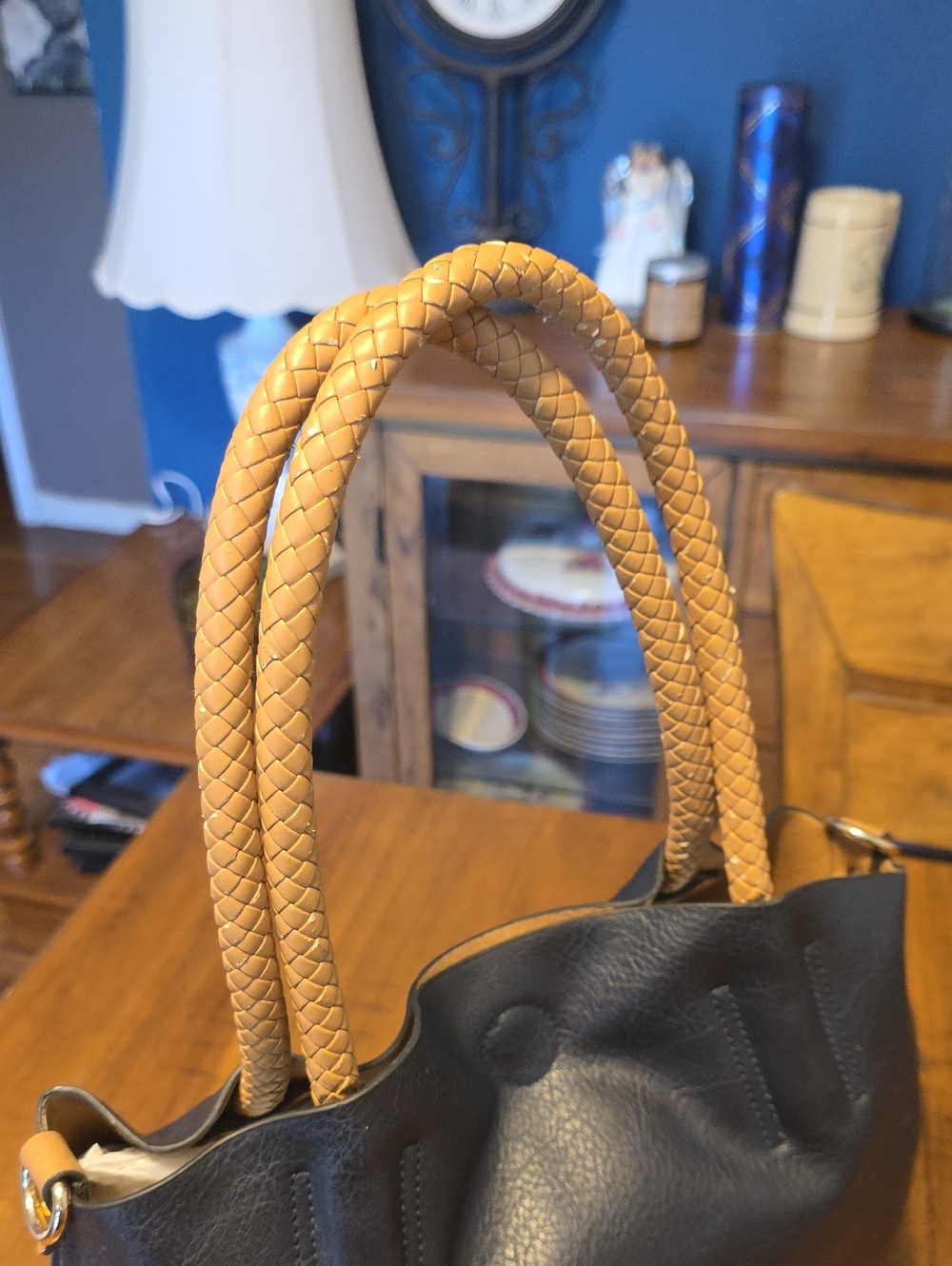 Classic Black Tote Bag with Braided Tan Handles - Picture 11 of 16